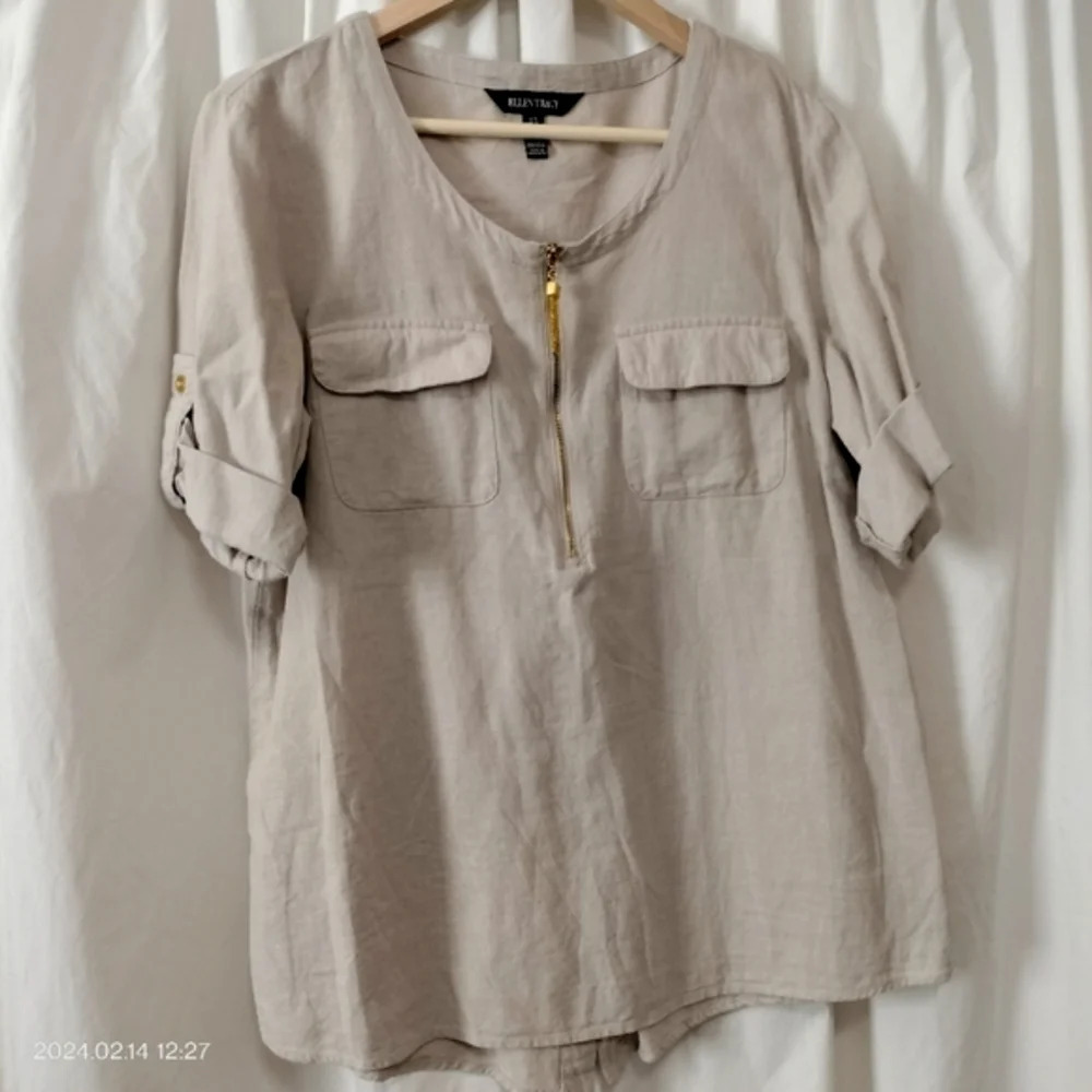 Ellen Tracy Linen Tunic Size Medium Khaki Rolled Sleeves Gold Tone accents